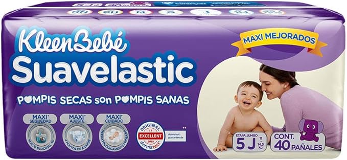 KleenBebé Suavelastic Pañal Desechable para Bebé, Talla Jumbo Unisex, Paquete con 40 Piezas, Ideal para Bebés de 11 a 14.5 kg